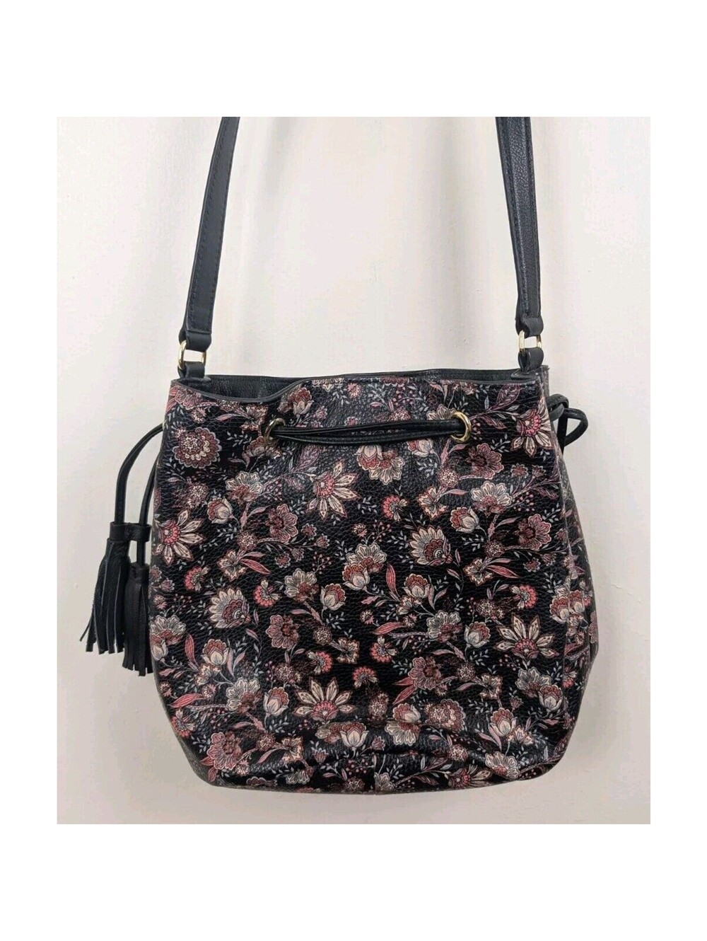 Talbots Leather Purse Navy Blue Pink Flowers Floral Bucket Bag 12x9x7"